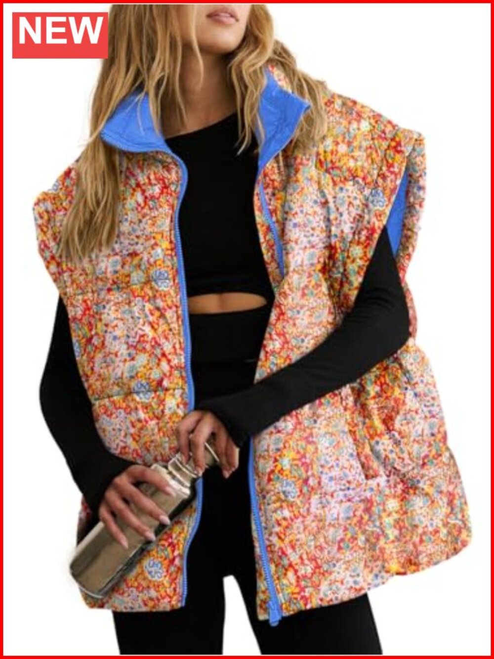 Women's Oversized Floral Quilted Puffer Vest Lightweight Zip-Up Jacket